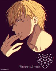 Rule 34 | 1boy, black background, blending, blonde hair, collarbone, commentary request, earrings, english text, facial mark, hair between eyes, hand to own mouth, hand up, heart, jewelry, kise ryouta, kuroko no basuke, looking at viewer, male focus, mashima shima, parted lips, short hair, simple background, solo, twitter username, upper body, yellow eyes