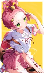 Rule 34 | 1girl, absurdres, alternate hairstyle, bandaid on thigh, border, bow, breasts, cat hair ornament, commentary, english commentary, forehead, green eyes, hair bow, hair ornament, hand up, highres, hololive, maeru, midriff, open mouth, pink bag, pink hair, pink skirt, pink thighhighs, pleated skirt, red bow, red ribbon, ribbon, sailor collar, sakura miko, school uniform, shirt, shoes, short hair, short sleeves, simple background, sitting, skirt, small breasts, solo, thighhighs, updo, upper body, virtual youtuber, white border, white footwear, white sailor collar, white shirt, yellow background