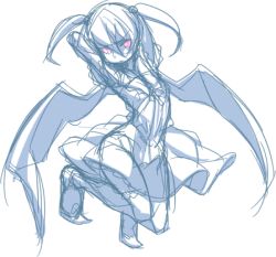 Rule 34 | 1girl, arms behind head, bat wings, full body, looking away, lowres, messier number, monochrome, oni musume (yume 2kki), red eyes, simple background, sketch, solo, spot color, twintails, wings, yume 2kki