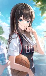Rule 34 | 1girl, 1other, absurdres, ball, basketball, basketball (object), basketball court, basketball hoop, basketball jersey, blue eyes, blue sky, bottle, branch, brown hair, cloud, day, earrings, eunyoo, eyelashes, hair between eyes, hand up, highres, holding, holding ball, holding bottle, jersey, jewelry, leaf, lens flare, light particles, long hair, looking at viewer, open mouth, original, outdoors, parted lips, pov, shirt, short sleeves, sidelighting, sidelocks, sky, solo focus, spalding, stud earrings, sweat, tree, water bottle, white shirt