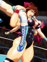 Rule 34 | 2girls, abs, beaten, boots, breasts, brown hair, cameltoe, cleavage, clenched teeth, defeat, fighting, large breasts, leotard, mighty yukiko, multiple girls, muscular, noppo-san, open mouth, pain, pink hair, ponytail, purple eyes, ryona, size difference, spread legs, submission, sweat, teeth, thick thighs, thighs, thunder ryuko, wrestle angels, wrestling, wrestling outfit, wrestling ring, wristband
