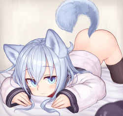 Rule 34 | 1girl, animal ear fluff, animal ears, ass, black thighhighs, blue eyes, blush, bottomless, cat ears, cat tail, commentary request, dog ears, dog tail, hibiki (kancolle), highres, kantai collection, kemonomimi mode, looking at viewer, reitou mikan, school uniform, serafuku, silver hair, solo, tail, thighhighs