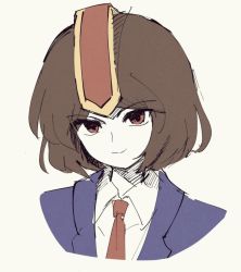 Rule 34 | 1other, androgynous, atoymk, blue jacket, brown hair, closed mouth, collared shirt, colored skin, commentary request, formal, grey background, headgear, highres, jacket, kokutenshi hibaru, korean commentary, len&#039;en, mixed-language commentary, necktie, portrait, red eyes, red necktie, shirt, simple background, sketch, smile, solo, suit jacket, white shirt, white skin