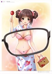 Rule 34 | 1girl, :d, absurdres, azuma yuki, bag, blush, bow, bow bra, bow panties, bra, breasts, brown eyes, brown hair, candy apple, cleavage, collarbone, double bun, food, handbag, head tilt, highres, holding, holding food, japanese clothes, kimono, large breasts, looking at viewer, midriff, open mouth, panties, pink bra, pink panties, polka dot, polka dot bra, polka dot panties, pov, smile, solo, sweets, underwear, x-ray, x-ray glasses, x-ray vision, yukata