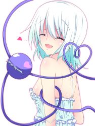 Rule 34 | 1girl, asn s, back, bad id, bad pixiv id, bare shoulders, breasts, chemise, closed eyes, heart, heart of string, komeiji koishi, off shoulder, open mouth, sideboob, silver hair, small breasts, smile, solo, strap slip, third eye, touhou, underwear, underwear only, upper body