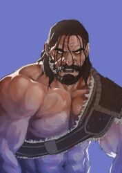 Rule 34 | 1boy, absurdres, bara, beard, chest belt, chest hair, facial hair, flexing, flexing pectorals, fonzu (callmefonzu), frown, full beard, hairy, highres, large pectorals, league of legends, looking ahead, male focus, mature male, muscular, muscular male, navel hair, official alternate hairstyle, pectorals, solo, strongman waist, thick beard, thick eyebrows, thick mustache, tryndamere, upper body, wrinkled skin