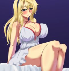 Rule 34 | 1girl, absurdres, bare shoulders, blonde hair, blue eyes, blush, breasts, female focus, freezing (series), gradient background, hairband, highres, large breasts, legs, long hair, open mouth, satellizer el bridget, sitting, solo, thick thighs, thighs, yamaneko ken