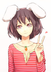 Rule 34 | 1girl, alternate costume, alternate eye color, animal ears, bad id, bad pixiv id, brown eyes, brown hair, carrot, carrot necklace, casual, contemporary, daiji pt, face, female focus, heart, inaba tewi, jewelry, light smile, looking at viewer, necklace, rabbit ears, shirt, short hair, solo, striped clothes, striped shirt, touhou, unbuttoned, v