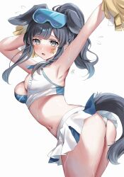Rule 34 | 1girl, alternate costume, animal ears, armpits, arms up, ass, black hair, blue archive, blush, breasts, cleavage, commentary request, dog ears, dog tail, goggles, goggles on head, grey eyes, hibiki (blue archive), highres, looking at viewer, medium breasts, medium hair, navel, open mouth, oshage (osyage921), panties, pom pom (cheerleading), simple background, solo, sweat, tail, underwear, wedgie, white background