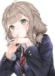 Rule 34 | 1girl, absurdres, ahoge, black jacket, blazer, blunt bangs, blush, brown hair, buttoned cuffs, buttons, closed mouth, collared shirt, commentary request, crossed fingers, gradient hair, grey eyes, grey hair, hairband, hands on own chin, head tilt, highres, jacket, kou mashiro, long sleeves, looking at viewer, loose clothes, loose necktie, loose shirt, low twintails, messy, multicolored hair, necktie, original, own hands together, pleated blazer, pout, red hairband, red necktie, school uniform, shirt, simple background, solo, striped necktie, twintails, white background, white shirt