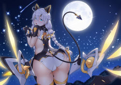 Rule 34 | 1girl, absurdres, animal ears, ass, black gloves, blue eyes, blush, braid, butt crack, cameltoe, cat ears, fingerless gloves, from behind, full moon, gloves, hair between eyes, hair ornament, hairclip, hands up, highres, honkai (series), honkai impact 3rd, kiana kaslana, leaning forward, leotard, long hair, looking at viewer, looking back, mechanical ears, mechanical tail, mechanical wings, moon, night, night sky, open mouth, shooting star, sideless outfit, silver hair, sky, solo, star (sky), starry sky, tail, thigh gap, thighs, tokayou, twin braids, twintails, very long hair, wings
