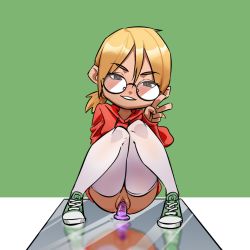 Rule 34 | 1girl, black eyes, blonde hair, blush, breasts, glasses, green background, highres, looking at viewer, original, pussy, sesese, short hair, simple background, sitting, solo, spread legs, uncensored, v