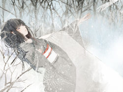 Rule 34 | 1girl, bare tree, black hair, closed eyes, forest, japanese clothes, kimono, nature, original, outstretched arm, outstretched hand, pen (penchop), short hair, snow, tree, vocaloid