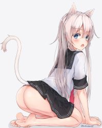 Rule 34 | 10s, 1girl, animal ears, ass, barefoot, black skirt, blue eyes, cat ears, cat tail, feet, from side, full body, grey background, hachita (odangoya), hair between eyes, hibiki (kancolle), highres, kantai collection, kemonomimi mode, long hair, neckerchief, no panties, open mouth, pleated skirt, red neckerchief, school uniform, serafuku, short sleeves, silver hair, simple background, sitting, skirt, soles, solo, tail, toes, twitter username