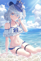 Rule 34 | 1girl, absurdres, ahoge, arm support, bare shoulders, bikini, blue bow, blue eyes, blue hat, blue sky, bow, breasts, cloud, commentary request, day, furina (genshin impact), genshin impact, grey hair, hand in own hair, hand up, hat, hat bow, highres, lala 2080, navel, ocean, off-shoulder bikini, off shoulder, sitting, sky, small breasts, solo, stomach, swimsuit, thigh strap, thighs, water, white bikini, yokozuwari
