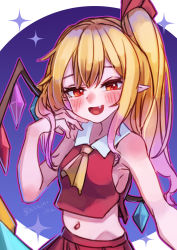 Rule 34 | 1girl, adapted costume, ascot, bare shoulders, blonde hair, blue background, blush, breasts, collared shirt, fang, flandre scarlet, hakai no ika, head tilt, highres, long hair, looking at viewer, midriff, multicolored wings, navel, no headwear, one side up, open mouth, pointy ears, red eyes, red shirt, red skirt, shirt, sideboob, simple background, skirt, solo, touhou, wings, yellow ascot