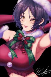 Rule 34 | 1girl, armpits, bare shoulders, black hair, breasts, christmas, cleavage, fur-trimmed gloves, fur-trimmed headwear, fur collar, fur trim, gloves, hat, hayami kanade, highres, idolmaster, idolmaster cinderella girls, koya (koya x 00), large breasts, parted bangs, pom pom (clothes), red gloves, red hat, red shirt, santa costume, santa hat, see-through, see-through cleavage, shirt, short hair, sideboob, smile, solo, tongue, tongue out, yellow eyes