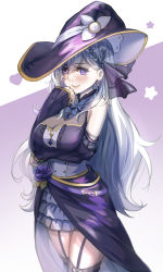 Rule 34 | 1girl, bare shoulders, blush, braid, breasts, cleavage, commentary, detached sleeves, dress flower, earrings, flower, garter straps, gradient background, hat, heart, highres, jewelry, large breasts, long hair, looking at viewer, okamin, purple eyes, purple flower, purple neckwear, purple rose, rose, shino laila, silver hair, simple background, skirt, smile, solo, star (symbol), thighhighs, very long hair, virtual youtuber, wactor production, witch, witch hat