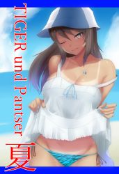 Rule 34 | 10s, 1girl, animal print, bikini, bikini tan, blue hat, breasts, brown eyes, brown hair, dateya torahachi, girls und panzer, hat, highres, jewelry, long hair, looking at viewer, mika (girls und panzer), necklace, one eye closed, parted lips, smile, solo, swimsuit, tan, tanline, tiger print