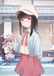 Rule 34 | 1girl, alternate costume, arm behind back, black hair, blouse, blue jacket, blunt bangs, blush, breasts, brown eyes, commentary request, hatsuyuki (kancolle), highres, hime cut, jacket, kantai collection, long hair, looking at viewer, outdoors, parted lips, plant, potted plant, red skirt, sakieko, shirt, skirt, small breasts, solo, white headwear, white shirt