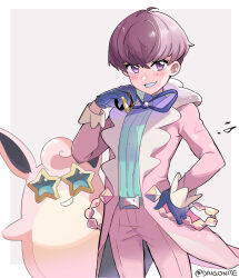 Rule 34 | 1boy, belt, belt buckle, blush, buckle, coat, commentary request, creatures (company), game freak, gen 1 pokemon, gloves, goro orb, green shirt, grey belt, grin, hand on own hip, highres, holding, holding poke ball, looking at viewer, luxury ball, male focus, neck ribbon, nintendo, open clothes, open coat, ortega (pokemon), pants, pink coat, pink pants, poke ball, pokemon, pokemon sv, purple eyes, purple hair, ribbon, shirt, short hair, smile, star-shaped eyewear, star (symbol), sunglasses, team star, teeth, twitter username, watermark, wigglytuff