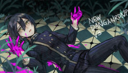 Rule 34 | 1boy, ahoge, black hair, blood, blood on face, blood on hands, colored blood, copyright name, crying, danganronpa (series), danganronpa v3: killing harmony, hair between eyes, lying, male focus, on back, open mouth, pink blood, plant, purple blood, saihara shuichi, sin (btc86amme), solo, uniform, yellow eyes
