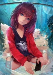 Rule 34 | &gt; &lt;, 1girl, absurdres, blue eyes, brown hair, controller, ensinn, closed eyes, hair ornament, halo, head tilt, highres, holographic interface, jacket, open mouth, original, remote control, shirt, sitting, solo, t-shirt, wariza, wings