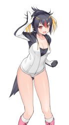 Rule 34 | 10s, 1girl, :d, black hair, blonde hair, boots, breasts, cleavage, headphones, kemono friends, long hair, looking at viewer, multicolored hair, open mouth, red hair, rockhopper penguin (kemono friends), short hair, smile, solo, tokki