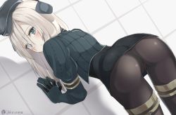 Rule 34 | 10s, 1girl, :o, against wall, ass, back, bent over, black dress, blue eyes, blush, cameltoe, cowboy shot, cropped jacket, dress, dutch angle, eyes visible through hair, from behind, garrison cap, gloves, hair over one eye, hat, headphones, highres, kantai collection, long hair, long sleeves, looking at viewer, looking back, microdress, military, military uniform, pantyhose, puffy sleeves, shadow, shirousa, silver hair, skin tight, solo, stitches, thigh strap, tile wall, tiles, twitter username, u-511 (kancolle), uniform