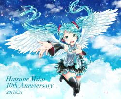 Rule 34 | 1girl, 2017, :d, angel wings, black footwear, black skirt, black sleeves, blue hair, blue necktie, blue sky, boots, character name, cloud, dated, detached sleeves, dress shirt, feathered wings, floating hair, full body, green eyes, grey shirt, hair ornament, hatsune miku, headphones, headset, highres, kirita asami, long hair, long sleeves, looking at viewer, microphone, miniskirt, necktie, open mouth, outstretched arm, pleated skirt, shirt, skirt, sky, sleeveless, sleeveless shirt, smile, solo, sparkle, thigh boots, thighhighs, twintails, very long hair, vocaloid, white wings, wings, zettai ryouiki