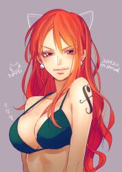 Rule 34 | 1girl, bikini, bikini top only, breasts, character name, cleavage, closed mouth, commentary request, dated, grey background, hair between eyes, heart, large breasts, long hair, looking at viewer, nakumonaga uma, nami (one piece), one piece, orange hair, sidelocks, simple background, smile, solo, swimsuit, twitter username, upper body, whiskers