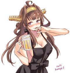 Rule 34 | 1girl, alcohol, alternate costume, apron, beer, black apron, blush, breasts, brown hair, cup, kantai collection, kongou (kancolle), kurage1, large breasts, long hair, looking at viewer, medium breasts, naked apron, one-hour drawing challenge, purple eyes, simple background, solo, white background
