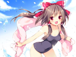 Rule 34 | 1girl, bare shoulders, black legwear, blue one-piece swimsuit, bow, brown eyes, colorized, competition school swimsuit, female focus, hair bow, hair tubes, hakurei reimu, kani biimu, leaning forward, long hair, looking at viewer, one-piece swimsuit, open mouth, outstretched arms, pink towel, sakura hanpen, school swimsuit, simple background, smile, solo, spread arms, swimsuit, touhou, towel, water