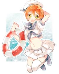 Rule 34 | 10s, 1girl, :d, arm behind head, blush, dress, fish, hat, hnk (8718orz), hoshizora rin, jumping, love live!, love live! school idol festival, love live! school idol project, navel, open mouth, orange hair, sailor dress, sailor hat, short hair, smile, solo, thighhighs, white thighhighs, yellow eyes