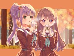 Rule 34 | 2girls, aqua neckerchief, autumn, blowing, blowing steam, blurry, blurry background, brown dress, brown hair, check commentary, coffee cup, commentary request, covered mouth, cup, disposable cup, dress, drinking, flower, fujishima megumi, green eyes, hair bun, hair flower, hair ornament, hasu no sora school uniform, highres, hiyori (20hiyori727), holding, holding cup, letterboxed, link! like! love live!, lone nape hair, long hair, long sleeves, looking at another, looking at object, love live!, multiple girls, neckerchief, open mouth, otomune kozue, outside border, pleated dress, purple eyes, purple hair, raised eyebrow, red flower, sailor collar, sailor dress, school uniform, side ponytail, sidelighting, sidelocks, single side bun, starbucks, steam, tree, two side up, upper body, virtual youtuber, white sailor collar, winter uniform
