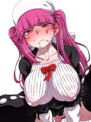 Rule 34 | 1girl, alternate breast size, arm support, ass, bleach, blush, breasts, censored, clenched teeth, dokugamine riruka, hanya (hanya yashiki), hat, heavy breathing, highres, large breasts, lips, long hair, looking at viewer, moaning, no panties, pink eyes, pink hair, pussy, pussy juice, shiny skin, simple background, solo, spread legs, steaming body, sweat, sweatdrop, teeth, tsundere, twintails, upper body, white background