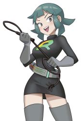 Rule 34 | 1girl, black dress, blue hair, boots, creatures (company), dress, flowers-imh, game freak, gloves, grey eyes, grey footwear, grey gloves, highres, holding, holding whip, looking at viewer, nintendo, pokemon, pokemon usum, short hair, simple background, smile, solo, team rainbow rocket grunt, team rainbow rocket uniform, thigh boots, thighhighs, thighs, triangle mouth, whip, white background, zettai ryouiki