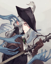 Rule 34 | 1girl, ascot, blood, bloodborne, blue eyes, cape, coat, gem, gloves, hat, hat feather, highres, holding, jiro (ninetysix), lady maria of the astral clocktower, long hair, looking at viewer, ponytail, rakuyo (bloodborne), simple background, solo, sword, tricorne, weapon, white hair
