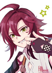 Rule 34 | 1boy, ahoge, choker, fingerless gloves, genshin impact, gloves, green eyes, highres, japanese clothes, kamachilico, looking at viewer, male focus, mole, mole under eye, mouth hold, ponytail, red hair, shikanoin heizou, shirt, sleeveless, sleeveless shirt, smile, teeth hold, white background