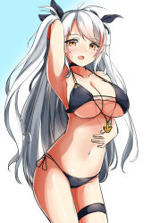 Rule 34 | 1girl, :d, absurdres, arm up, azur lane, bare shoulders, bikini, black bikini, black choker, black ribbon, blue background, blush, breasts, brown eyes, choker, cleavage, collarbone, gradient background, groin, hair ribbon, hand on own stomach, highres, large breasts, looking at viewer, moyoron, multicolored hair, navel, open mouth, prinz eugen (azur lane), prinz eugen (unfading smile) (azur lane), red hair, ribbon, side-tie bikini bottom, silver hair, smile, solo, streaked hair, swimsuit, thigh strap, two side up, white background