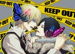 Rule 34 | 2boys, black hair, blonde hair, bug, butterfly, butterfly wings, caution tape, durarara!!, eye contact, glasses, headphones, heiwajima shizuo, insect, insect wings, jacket, keep out, knife, looking at another, magnet (vocaloid), male focus, multiple boys, necktie, orihara izaya, red eyes, sunglasses, vest, vocaloid, weapon, wings