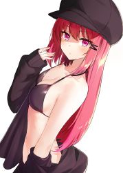 Rule 34 | 1girl, absurdres, ariaria (netsuki), armpit crease, bare arms, bare shoulders, belt, bikini, bikini top only, black bikini, black hat, black jacket, black skirt, blush, breasts, cabbie hat, cleavage, closed mouth, collarbone, from side, hair between eyes, hair ornament, hairclip, halterneck, hand up, hat, highres, jacket, long hair, long sleeves, looking at viewer, looking to the side, miruto netsuki, navel, off shoulder, open clothes, open jacket, original, pink eyes, red hair, sidelocks, simple background, skirt, sleeves past wrists, small breasts, solo, stomach, swimsuit, upper body, white background