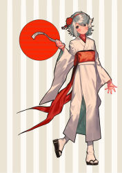Rule 34 | 1girl, alternate costume, blush, bukimi isan, commentary request, flower, full body, grey hair, grey kimono, hair flower, hair ornament, hairband, hand up, head tilt, highres, holding, japanese clothes, kimono, long hair, long sleeves, looking at viewer, obi, red background, red flower, red hairband, sandals, sash, short hair, shy (character), shy (series), solo, standing, striped, striped background, white legwear, wide sleeves, yukata
