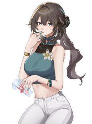 Rule 34 | 1girl, alternate costume, aqua eyes, bare shoulders, bracelet, breasts, brown hair, commentary, crop top, earrings, finger to mouth, hair intakes, hievasp, highres, holding, honkai: star rail, honkai (series), jewelry, large breasts, long hair, looking at viewer, midriff, navel, pants, parted bangs, ponytail, ruan mei (honkai: star rail), simple background, sleeveless, solo, watch, white background, white pants, wristwatch