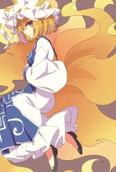Rule 34 | 1girl, animal ears, blonde hair, busujima (kusahana), dress, fox ears, fox tail, full body, hands in opposite sleeves, hat, highres, long sleeves, looking at viewer, md5 mismatch, mob cap, multiple tails, profile, resized, resolution mismatch, shoes, short hair, simple background, smile, solo, source larger, tabard, tail, touhou, white dress, wide sleeves, yakumo ran, yellow eyes