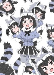 Rule 34 | &gt; &lt;, 1girl, :d, > <, animal ear fluff, animal ears, bad id, bad twitter id, black hair, black skirt, bow, bowtie, brown eyes, clone, common raccoon (kemono friends), extra ears, fang, fur collar, grey hair, hands on own hips, highres, inaba31415, kemono friends, looking at viewer, multicolored hair, open mouth, puffy short sleeves, puffy sleeves, raccoon ears, raccoon tail, short hair, short sleeves, simple background, skirt, smile, striped tail, tail, white background, white hair, xd