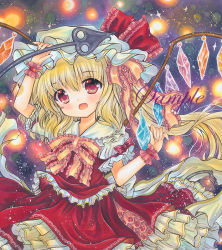 Rule 34 | 1girl, :d, arm up, blonde hair, bow, bowtie, cowboy shot, crystal, dark background, fang, flandre scarlet, frilled bowtie, frilled ribbon, frilled skirt, frilled vest, frills, hair between eyes, hat, hat ribbon, head tilt, holding, holding staff, laevatein (touhou), long hair, looking at viewer, marker (medium), mob cap, open mouth, pink bow, pink bowtie, puffy short sleeves, puffy sleeves, rainbow order, red-framed eyewear, red eyes, red ribbon, red skirt, ribbon, rui (sugar3), sample watermark, shirt, short sleeves, side ponytail, skin fang, skirt, skirt set, smile, solo, staff, touhou, traditional media, vest, watermark, white hat, white shirt, wings, wrist cuffs