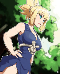 Rule 34 | 1girl, blonde hair, blue eyes, breasts, cowboy shot, dr. stone, hand on own hip, highres, kohaku (dr. stone), large breasts, solo, thehelmet guy