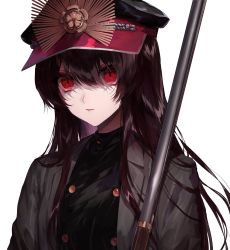 Rule 34 | 1girl, black hair, coat, commentary request, fate (series), grey coat, gun, hair between eyes, hat, highres, kuga huna, long hair, looking at viewer, military hat, oda nobunaga (fate), oda nobunaga (koha-ace), official alternate costume, parted lips, peaked cap, red eyes, rifle, simple background, solo, upper body, weapon, white background