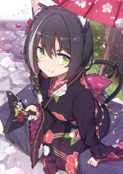 Rule 34 | &gt;:), 1girl, alternate costume, alternate hairstyle, animal ear fluff, animal ears, black hair, black kimono, braid, cat ears, cat girl, cat tail, crown braid, drill hair, fang, fang out, flower, frilled kimono, frilled sleeves, frills, from above, green eyes, hair between eyes, hair flower, hair ornament, hair stick, highres, japanese clothes, kaname (melaninusa09), karyl (new year) (princess connect!), karyl (princess connect!), kimono, leaning forward, long sleeves, multicolored hair, new year, obi, oil-paper umbrella, outdoors, princess connect!, ribbon, sash, side drill, sitting, solo, streaked hair, tail, tail ornament, tail ribbon, umbrella, wide sleeves, yukata